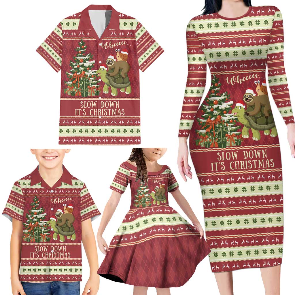 Sloth And Snail Riding A Turtle Wheeee Family Matching Long Sleeve Bodycon Dress and Hawaiian Shirt Slow Down It's Christmas LT9 - Wonder Print Shop