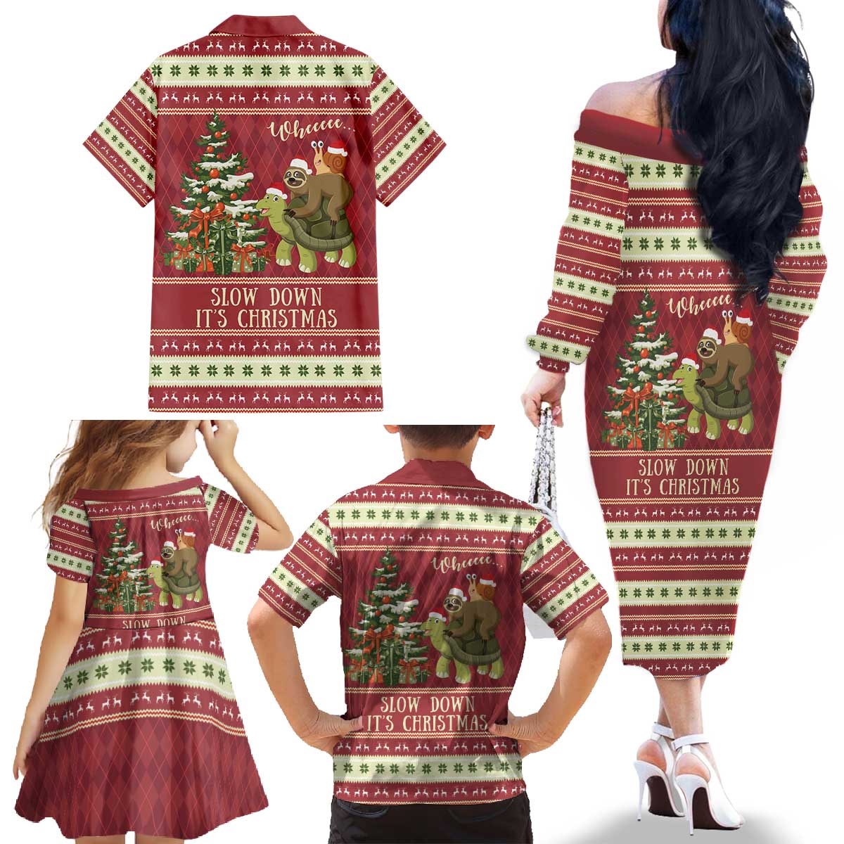 Sloth And Snail Riding A Turtle Wheeee Family Matching Off The Shoulder Long Sleeve Dress and Hawaiian Shirt Slow Down It's Christmas - Wonder Print Shop