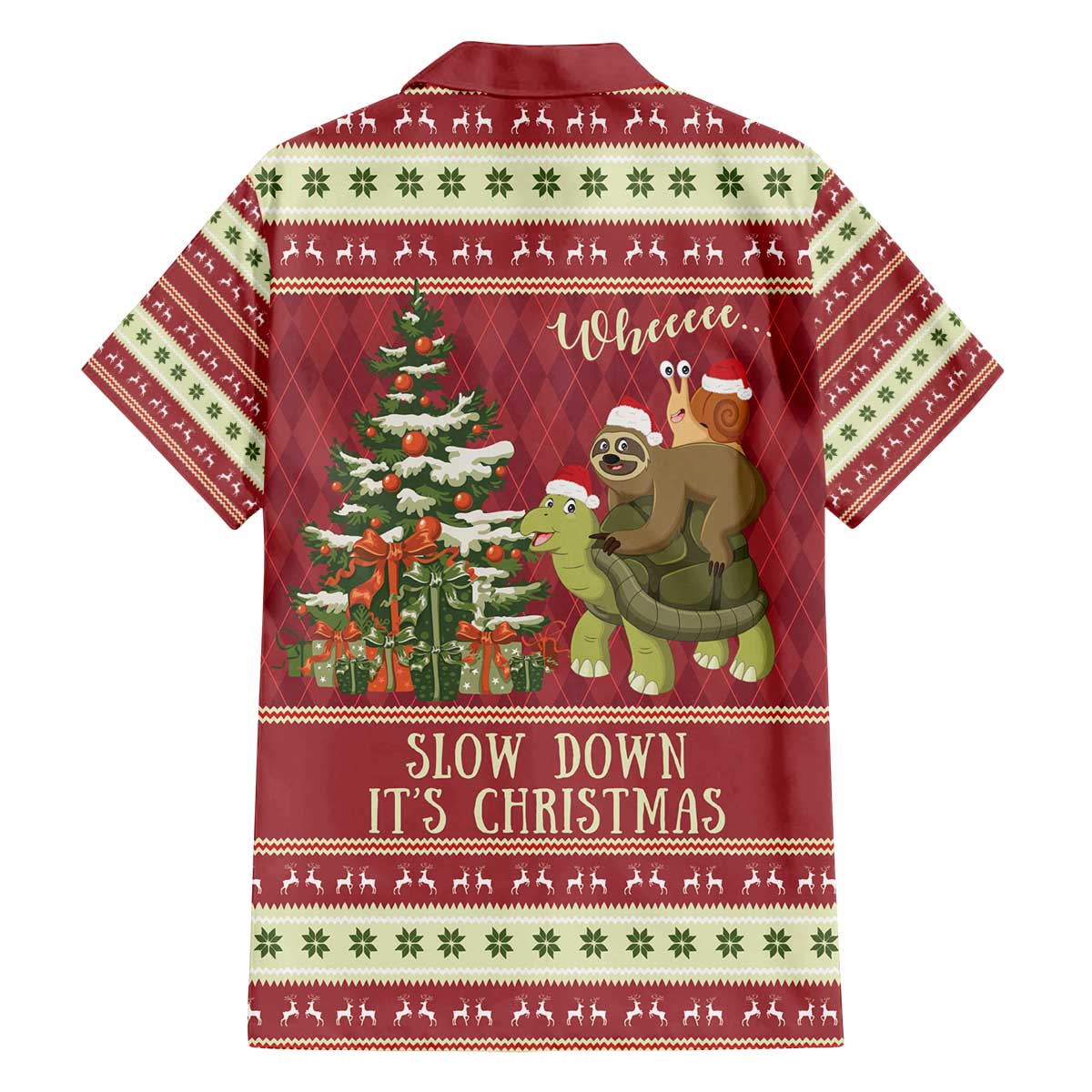 Sloth And Snail Riding A Turtle Wheeee Family Matching Off The Shoulder Long Sleeve Dress and Hawaiian Shirt Slow Down It's Christmas - Wonder Print Shop