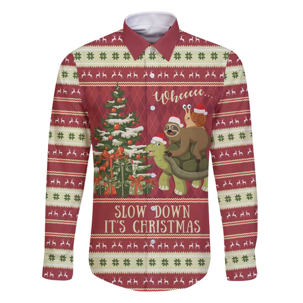 Sloth And Snail Riding A Turtle Wheeee Family Matching Off The Shoulder Long Sleeve Dress and Hawaiian Shirt Slow Down It's Christmas - Wonder Print Shop