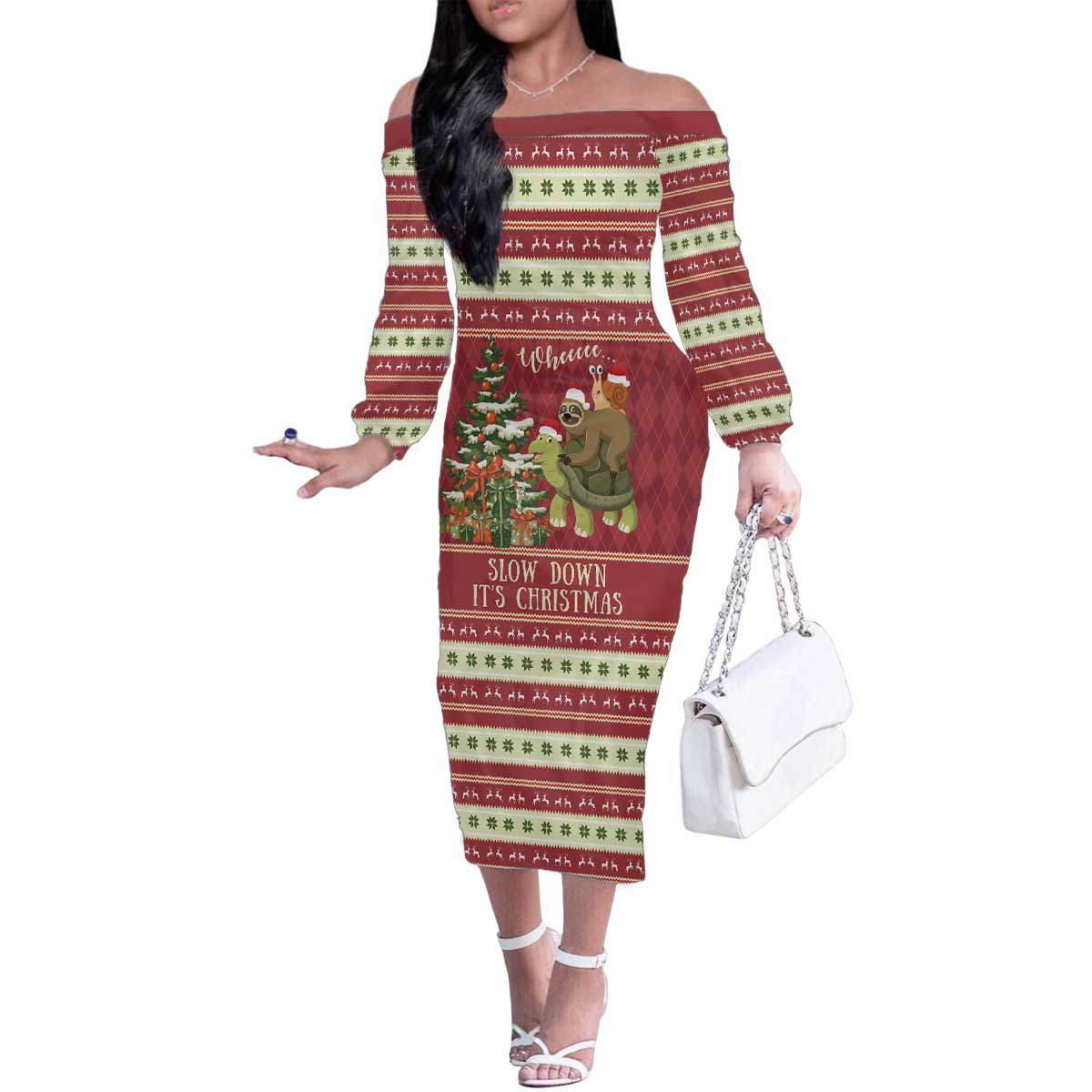 Sloth And Snail Riding A Turtle Wheeee Family Matching Off The Shoulder Long Sleeve Dress and Hawaiian Shirt Slow Down It's Christmas - Wonder Print Shop