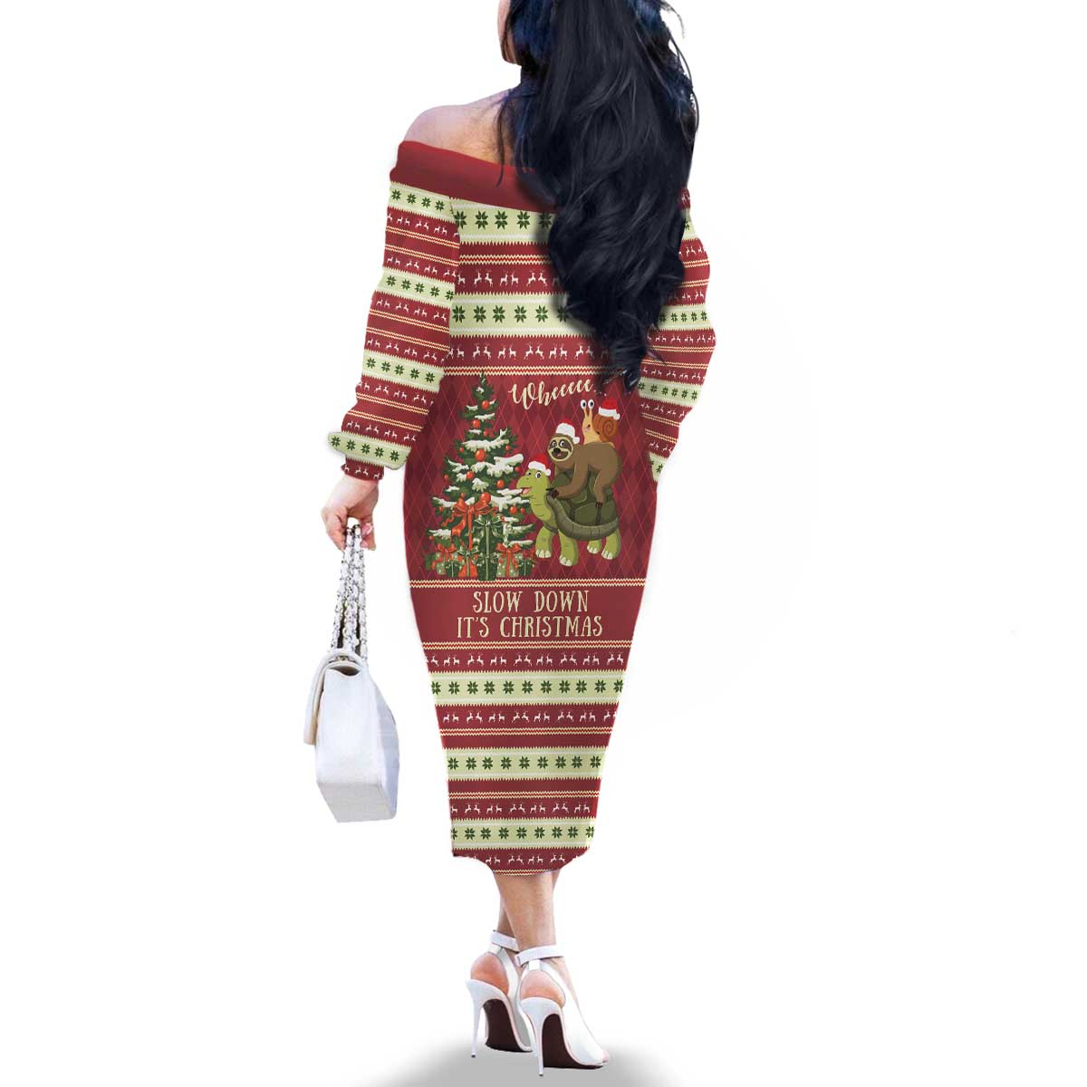 Sloth And Snail Riding A Turtle Wheeee Family Matching Off The Shoulder Long Sleeve Dress and Hawaiian Shirt Slow Down It's Christmas - Wonder Print Shop
