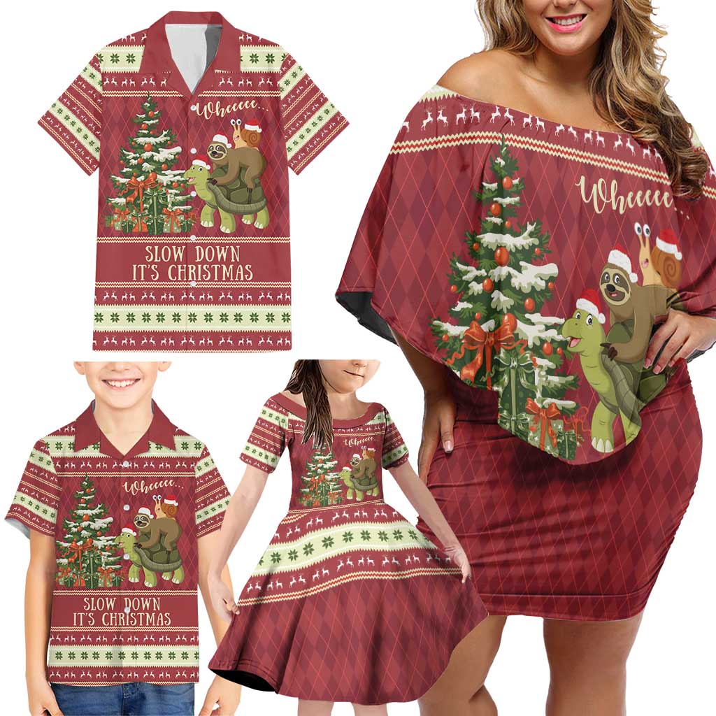 Sloth And Snail Riding A Turtle Wheeee Family Matching Off Shoulder Short Dress and Hawaiian Shirt Slow Down It's Christmas LT9 - Wonder Print Shop