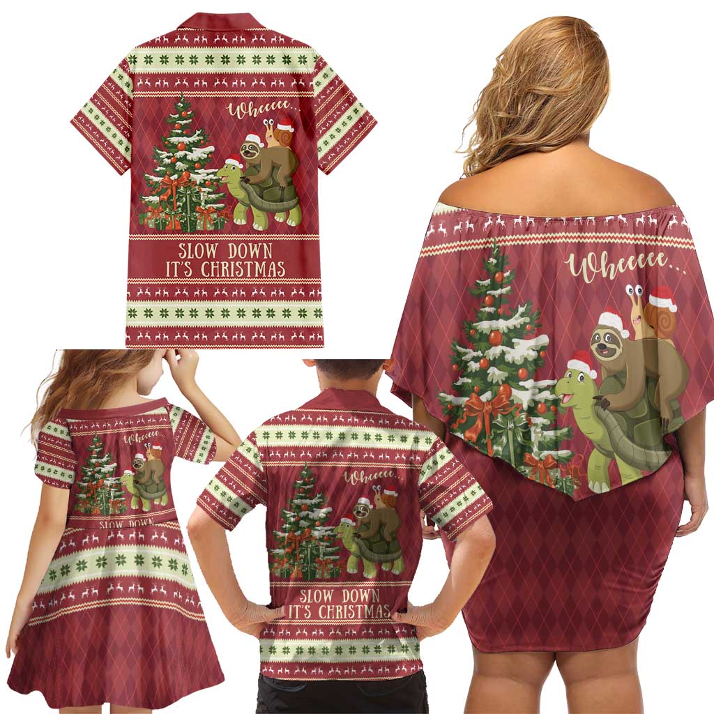 Sloth And Snail Riding A Turtle Wheeee Family Matching Off Shoulder Short Dress and Hawaiian Shirt Slow Down It's Christmas LT9 - Wonder Print Shop