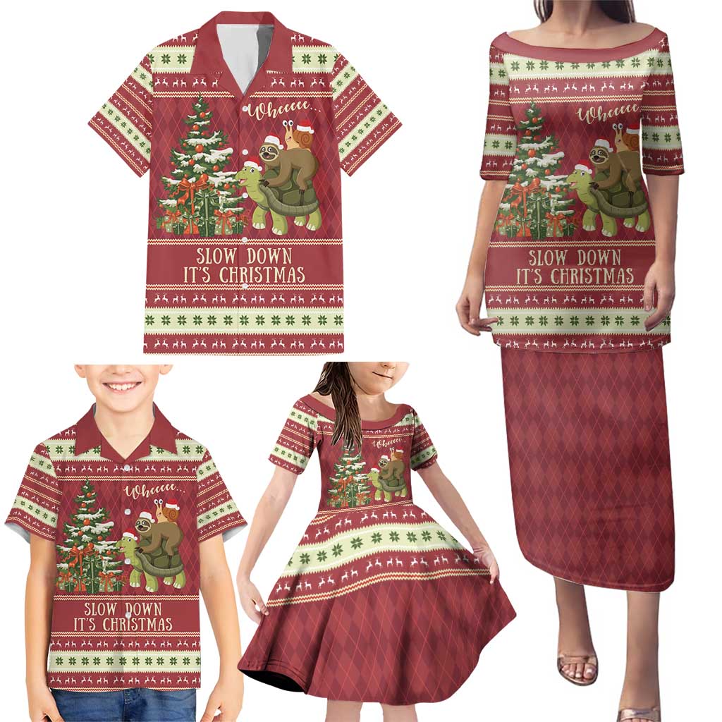 Sloth And Snail Riding A Turtle Wheeee Family Matching Puletasi and Hawaiian Shirt Slow Down It's Christmas - Wonder Print Shop