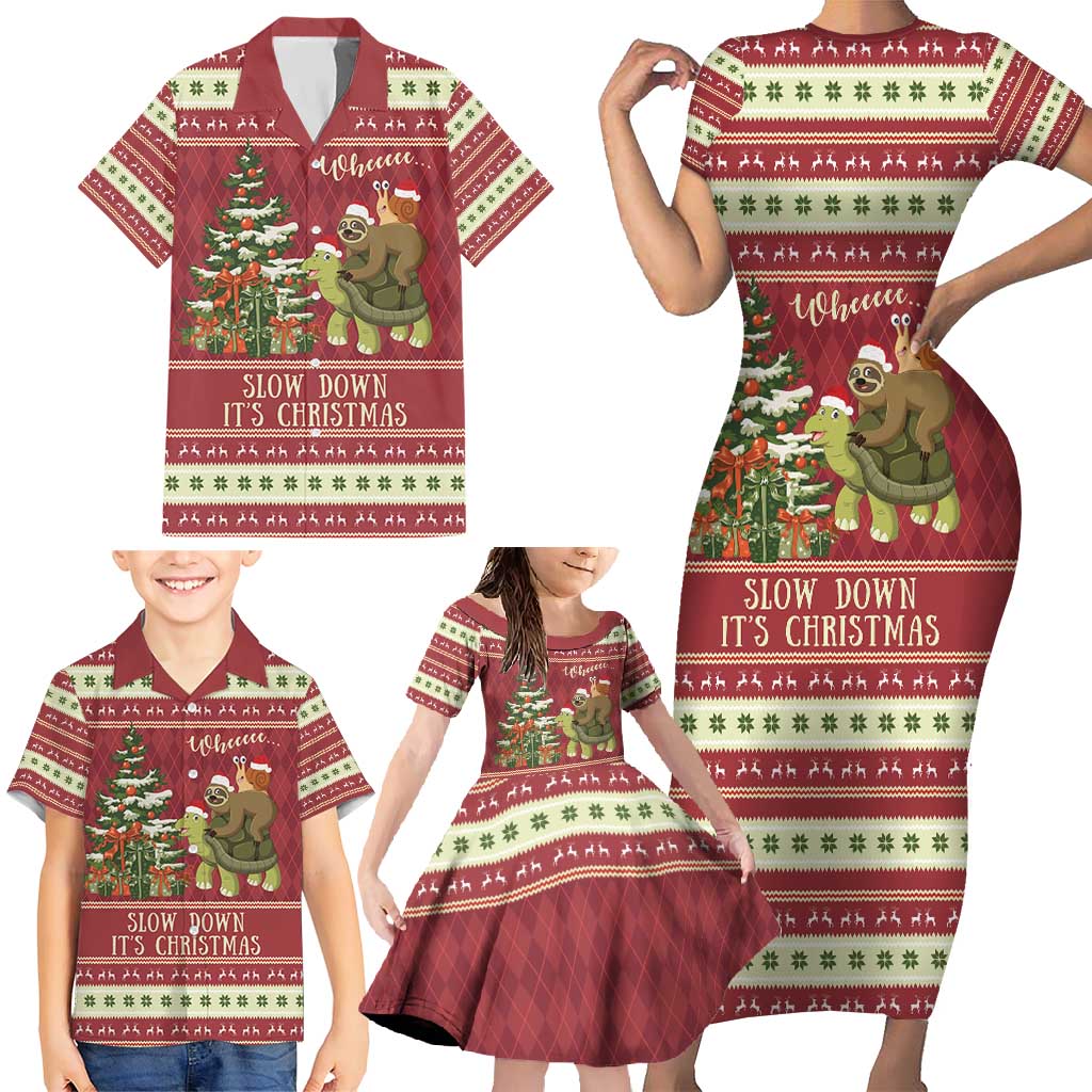 Sloth And Snail Riding A Turtle Wheeee Family Matching Short Sleeve Bodycon Dress and Hawaiian Shirt Slow Down It's Christmas - Wonder Print Shop