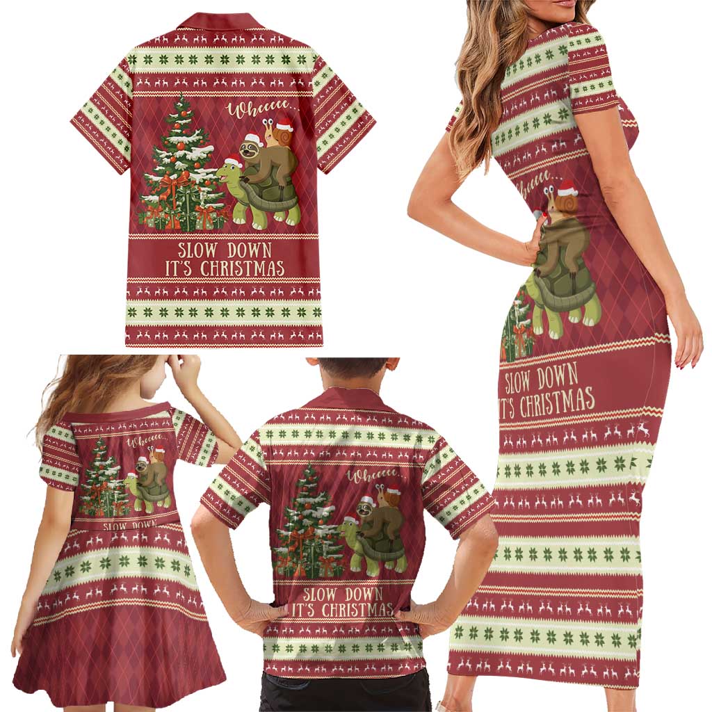 Sloth And Snail Riding A Turtle Wheeee Family Matching Short Sleeve Bodycon Dress and Hawaiian Shirt Slow Down It's Christmas - Wonder Print Shop