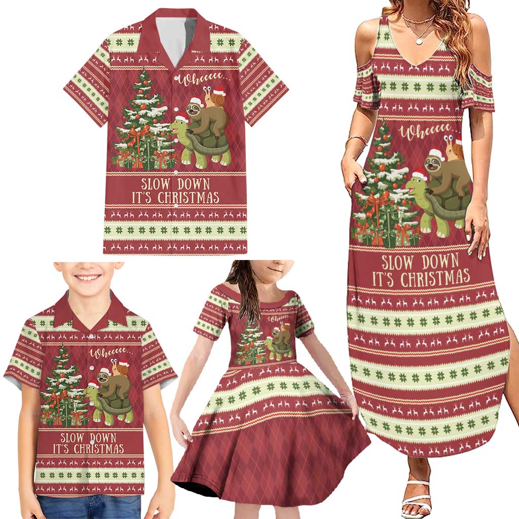 Sloth And Snail Riding A Turtle Wheeee Family Matching Summer Maxi Dress and Hawaiian Shirt Slow Down It's Christmas - Wonder Print Shop
