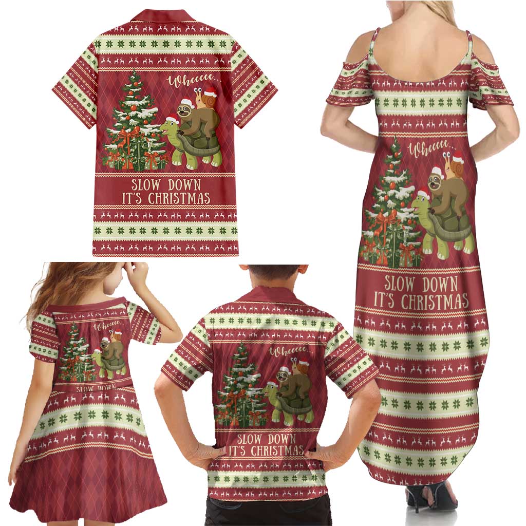 Sloth And Snail Riding A Turtle Wheeee Family Matching Summer Maxi Dress and Hawaiian Shirt Slow Down It's Christmas - Wonder Print Shop
