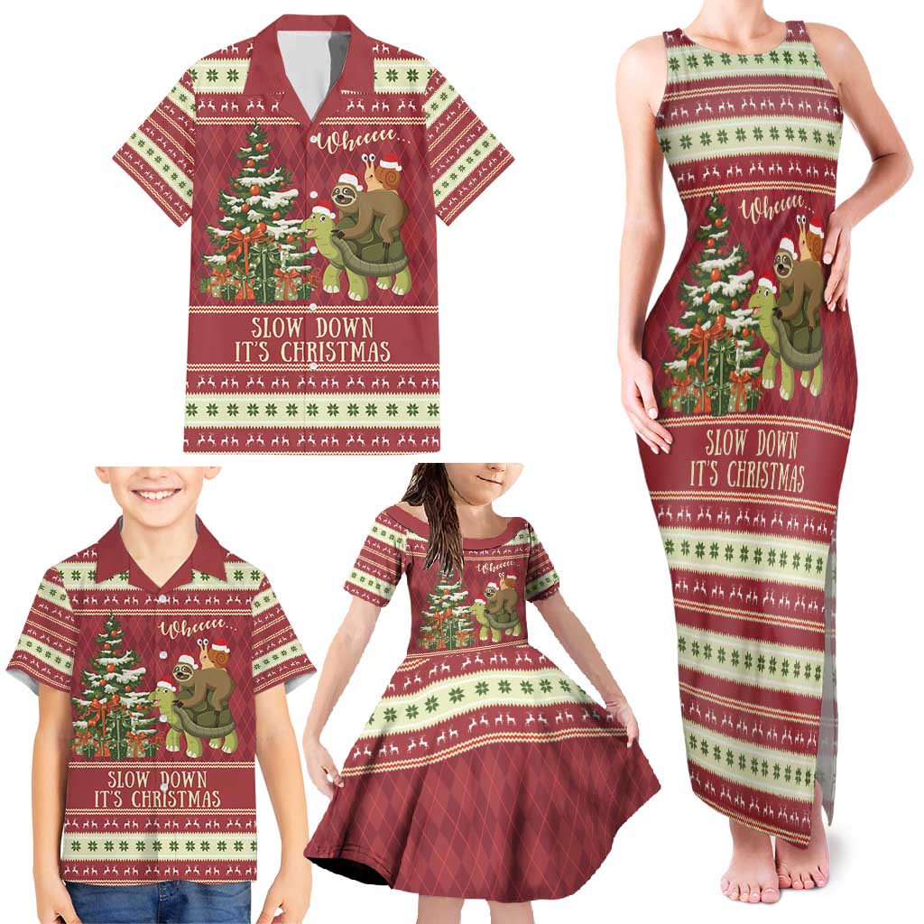 Sloth And Snail Riding A Turtle Wheeee Family Matching Tank Maxi Dress and Hawaiian Shirt Slow Down It's Christmas - Wonder Print Shop