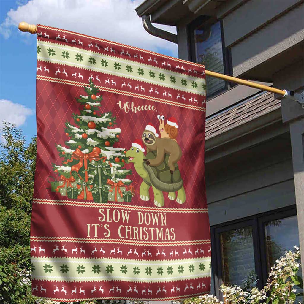 Sloth And Snail Riding A Turtle Wheeee Garden Flag Slow Down It's Christmas - Wonder Print Shop