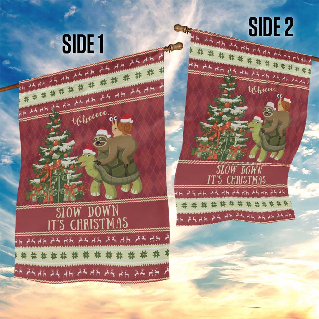 Sloth And Snail Riding A Turtle Wheeee Garden Flag Slow Down It's Christmas - Wonder Print Shop