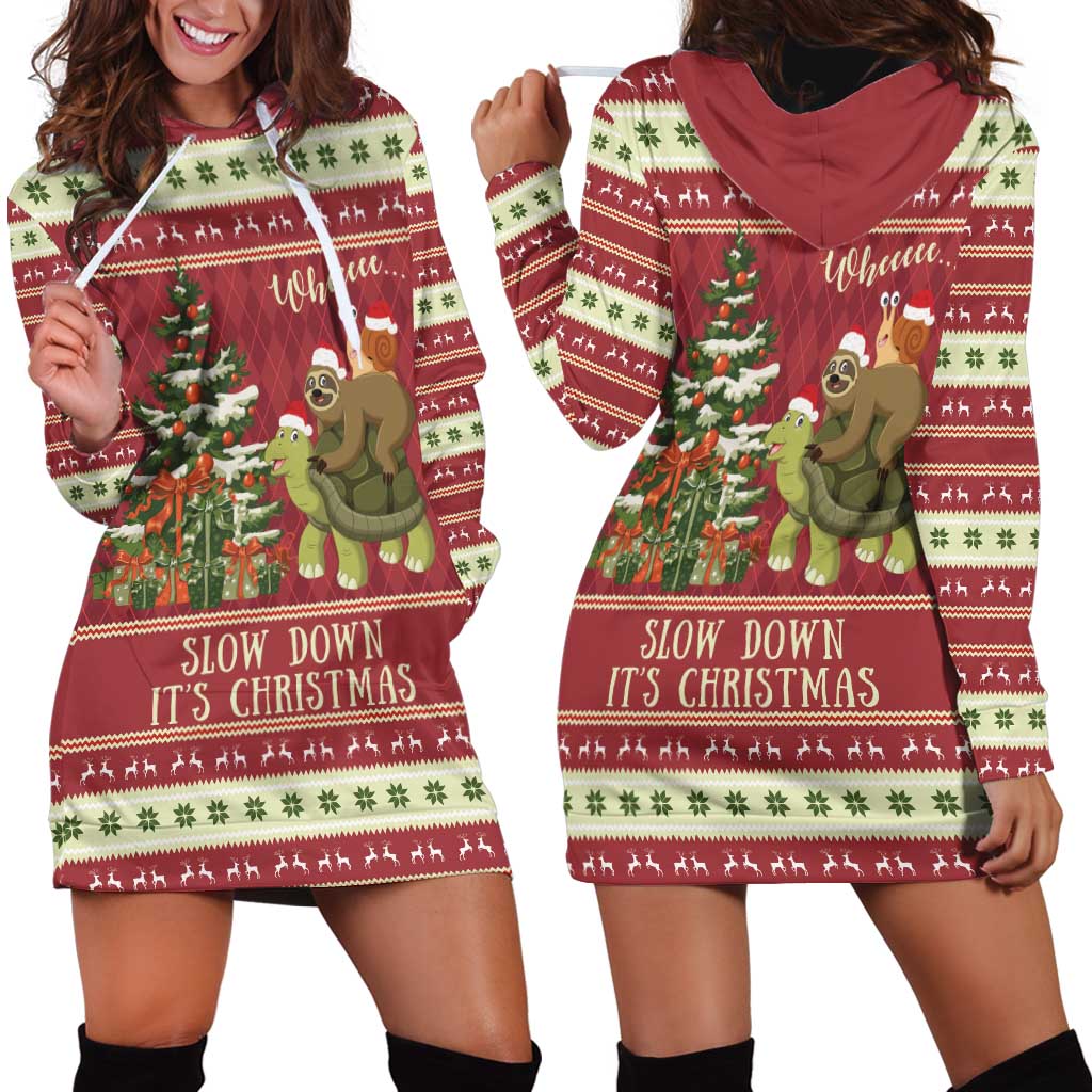 Sloth And Snail Riding A Turtle Wheeee Hoodie Dress Slow Down It's Christmas - Wonder Print Shop