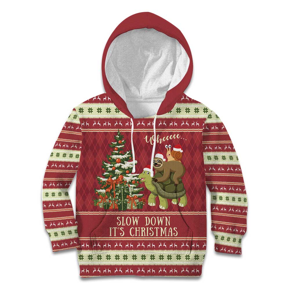 Sloth And Snail Riding A Turtle Wheeee Kid Hoodie Slow Down It's Christmas - Wonder Print Shop