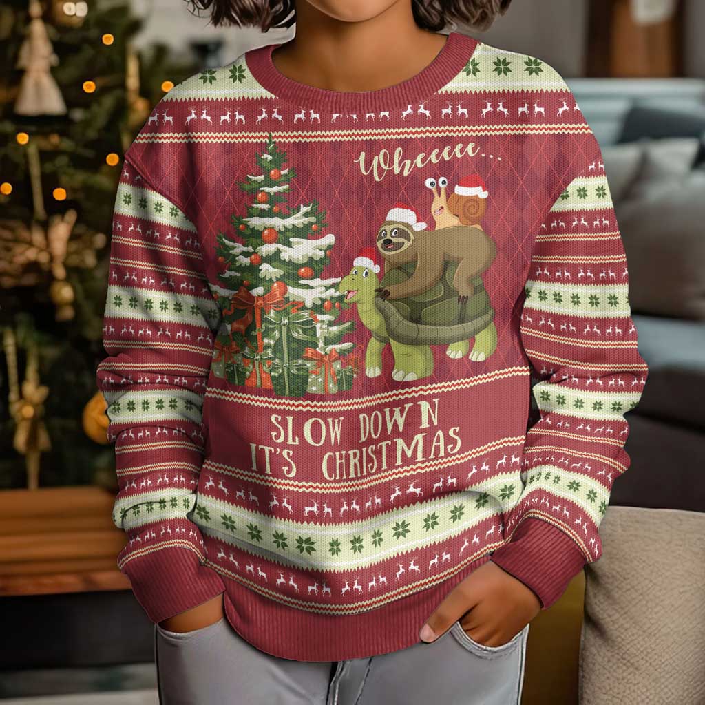 Sloth And Snail Riding A Turtle Wheeee Kid Ugly Christmas Sweater Slow Down It's Christmas - Wonder Print Shop