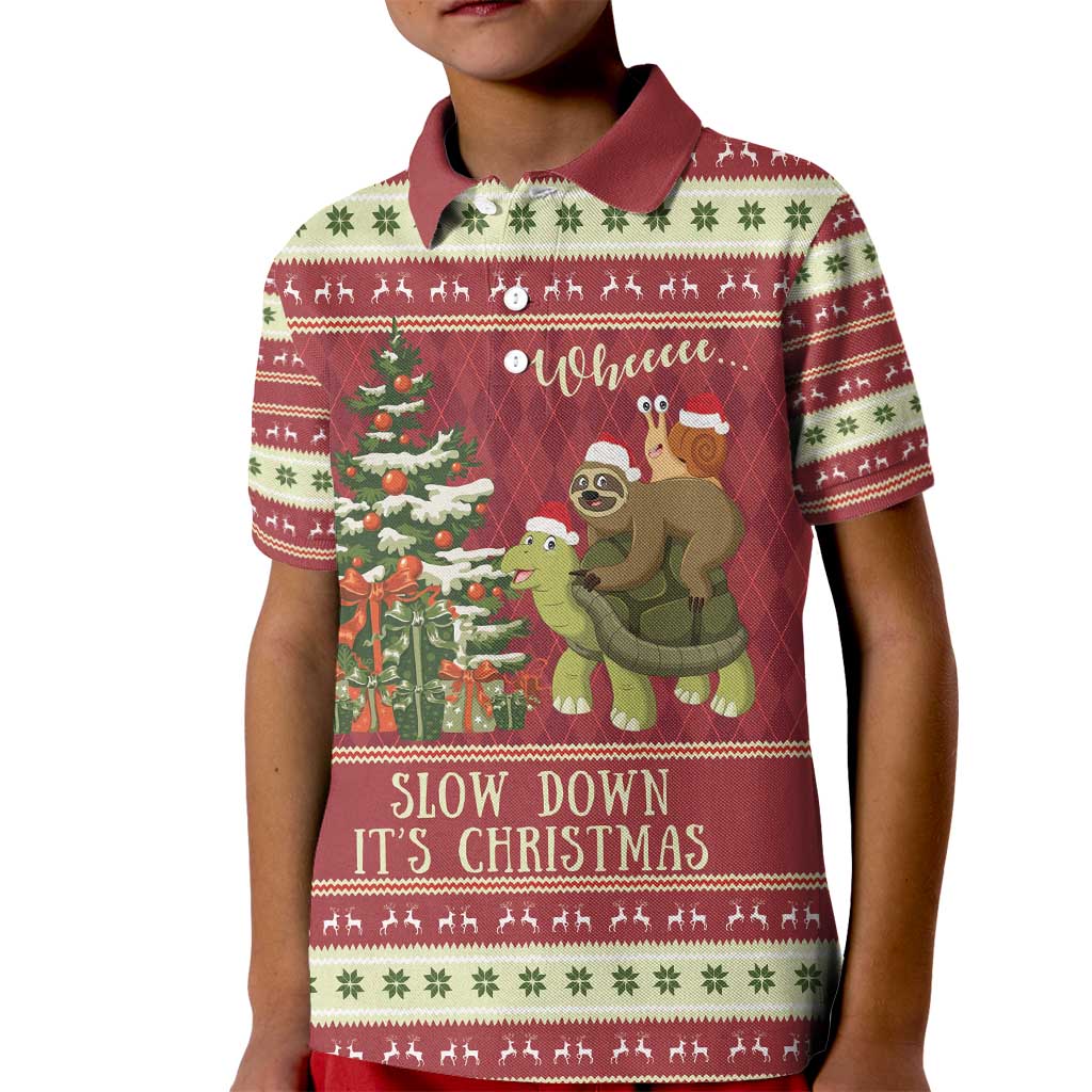 Sloth And Snail Riding A Turtle Wheeee Kid Polo Shirt Slow Down It's Christmas - Wonder Print Shop