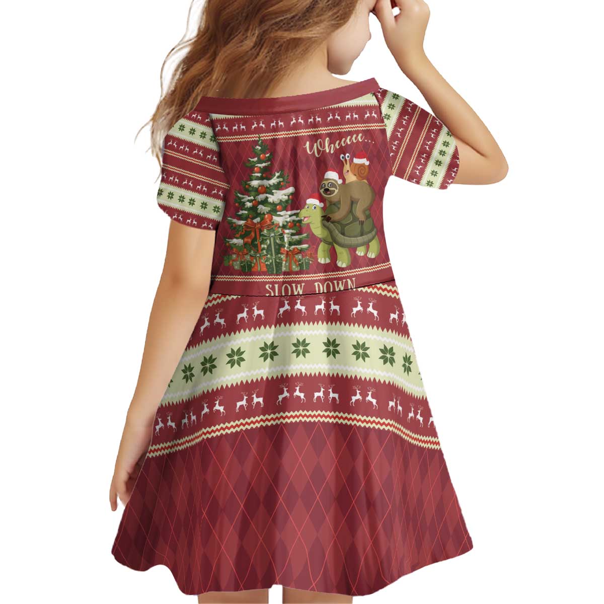 Sloth And Snail Riding A Turtle Wheeee Kid Short Sleeve Dress Slow Down It's Christmas - Wonder Print Shop
