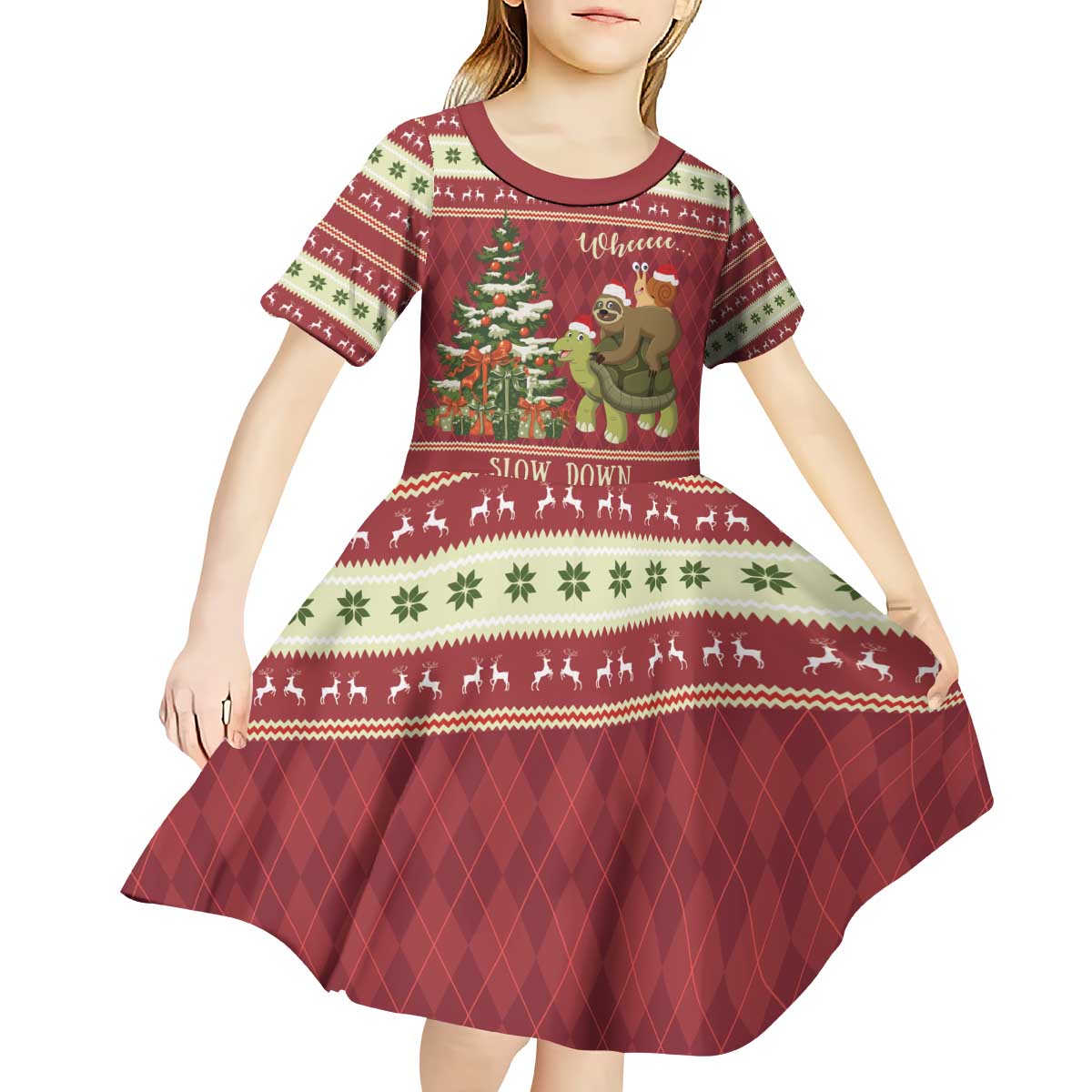 Sloth And Snail Riding A Turtle Wheeee Kid Short Sleeve Dress Slow Down It's Christmas - Wonder Print Shop