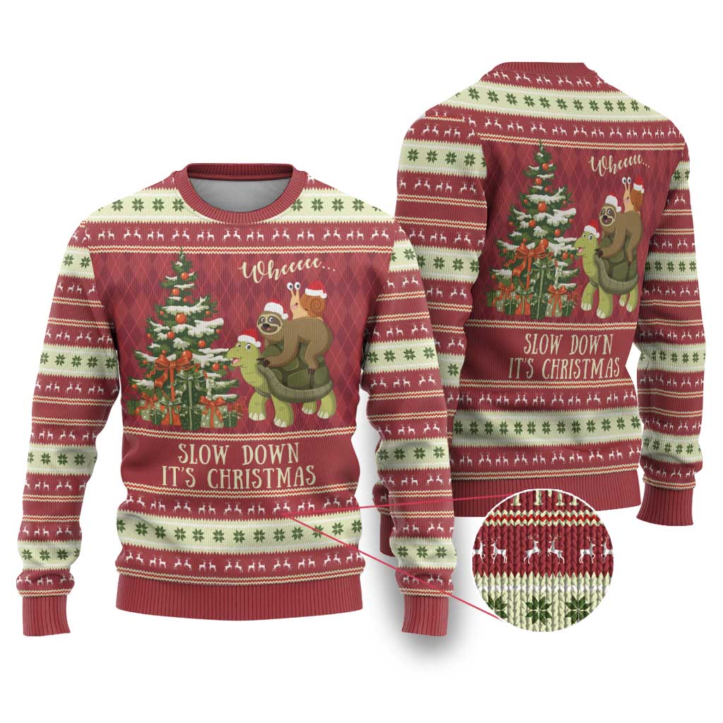 Sloth And Snail Riding A Turtle Wheeee Ugly Christmas Sweater Slow Down It's Christmas - Wonder Print Shop