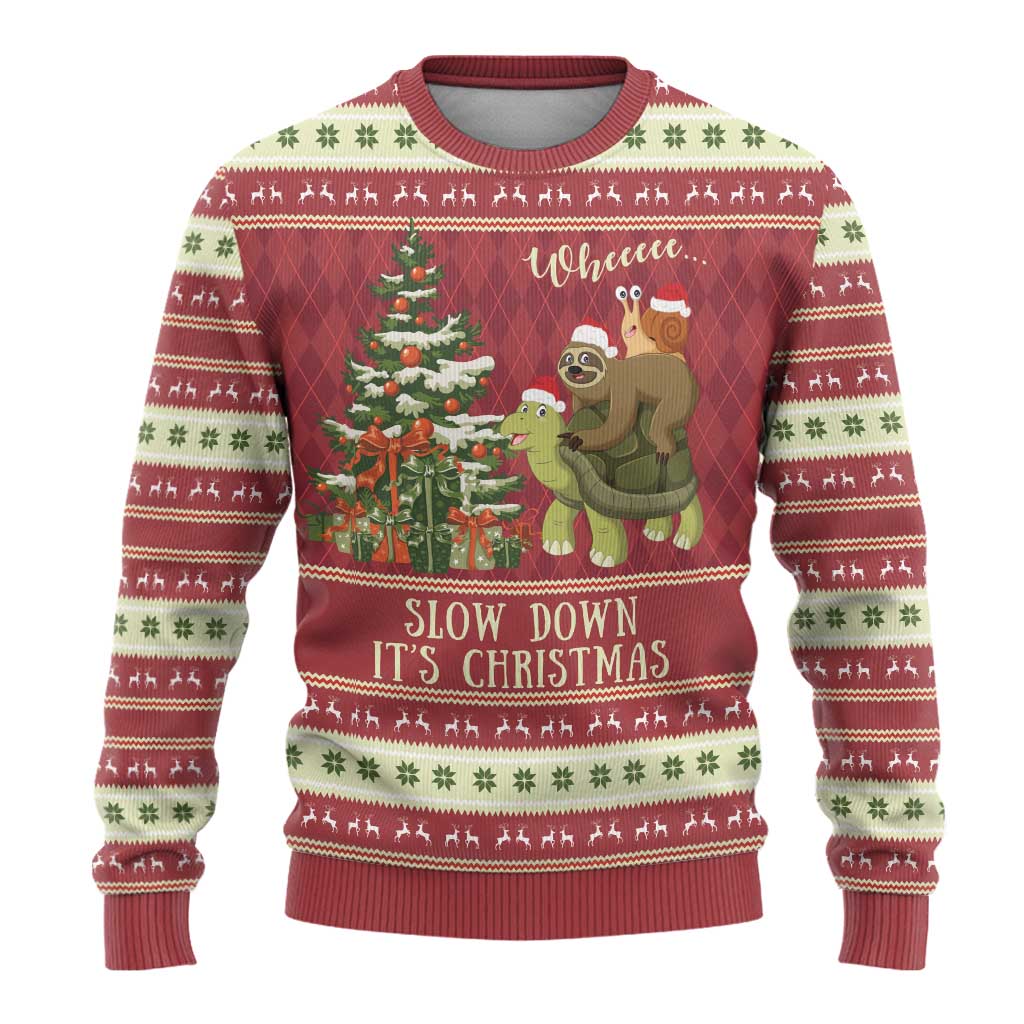 Sloth And Snail Riding A Turtle Wheeee Ugly Christmas Sweater Slow Down It's Christmas - Wonder Print Shop
