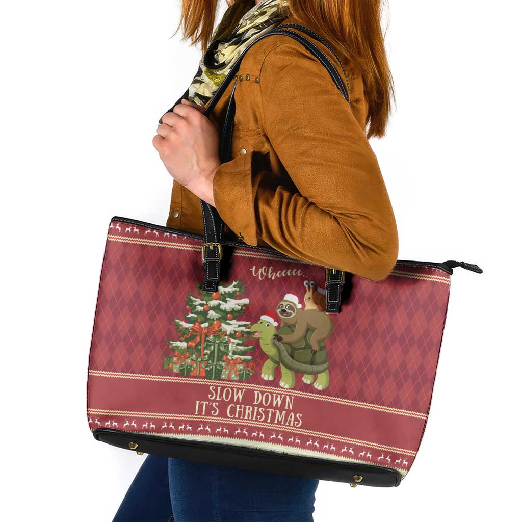 Sloth And Snail Riding A Turtle Wheeee Leather Tote Bag Slow Down It's Christmas - Wonder Print Shop