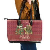 Sloth And Snail Riding A Turtle Wheeee Leather Tote Bag Slow Down It's Christmas - Wonder Print Shop