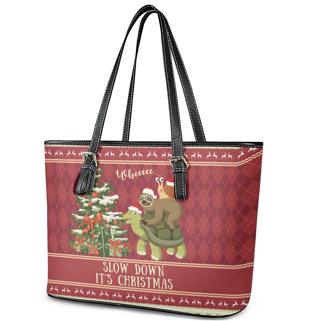 Sloth And Snail Riding A Turtle Wheeee Leather Tote Bag Slow Down It's Christmas - Wonder Print Shop