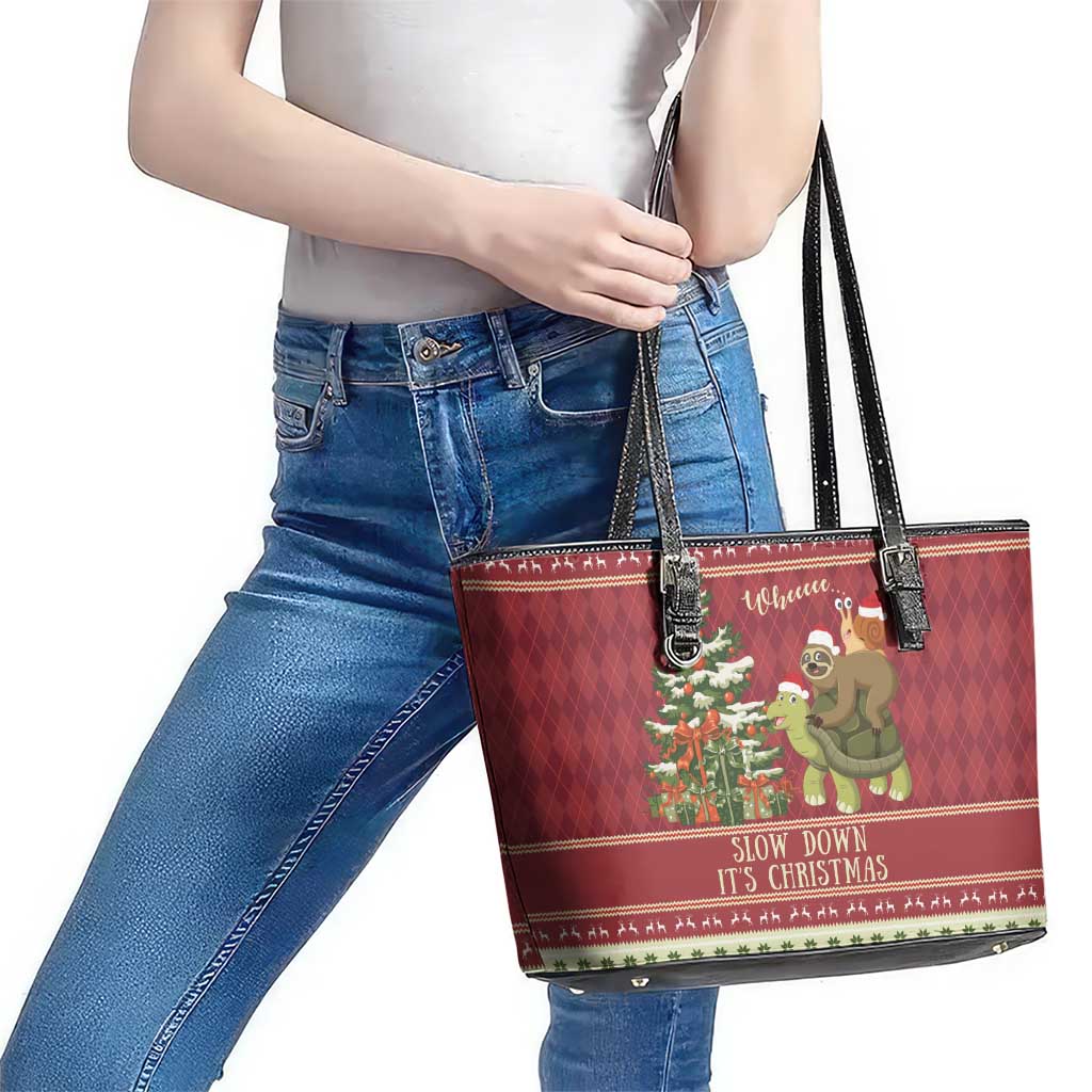 Sloth And Snail Riding A Turtle Wheeee Leather Tote Bag Slow Down It's Christmas - Wonder Print Shop