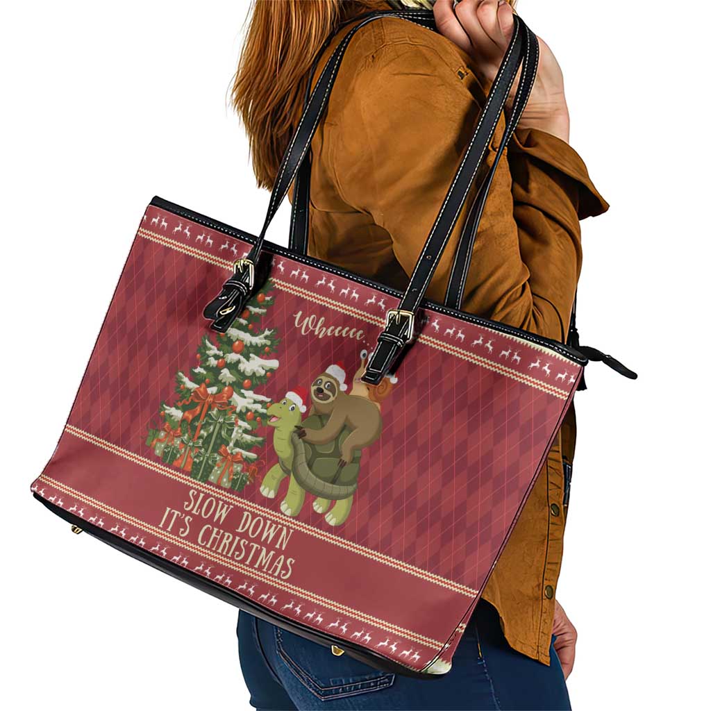 Sloth And Snail Riding A Turtle Wheeee Leather Tote Bag Slow Down It's Christmas - Wonder Print Shop