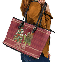 Sloth And Snail Riding A Turtle Wheeee Leather Tote Bag Slow Down It's Christmas - Wonder Print Shop