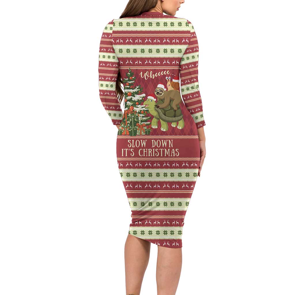 Sloth And Snail Riding A Turtle Wheeee Long Sleeve Bodycon Dress Slow Down It's Christmas - Wonder Print Shop