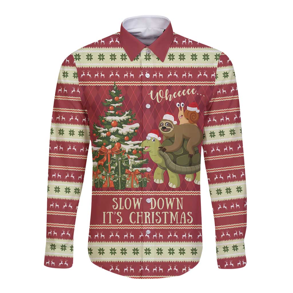 Sloth And Snail Riding A Turtle Wheeee Long Sleeve Button Shirt Slow Down It's Christmas - Wonder Print Shop