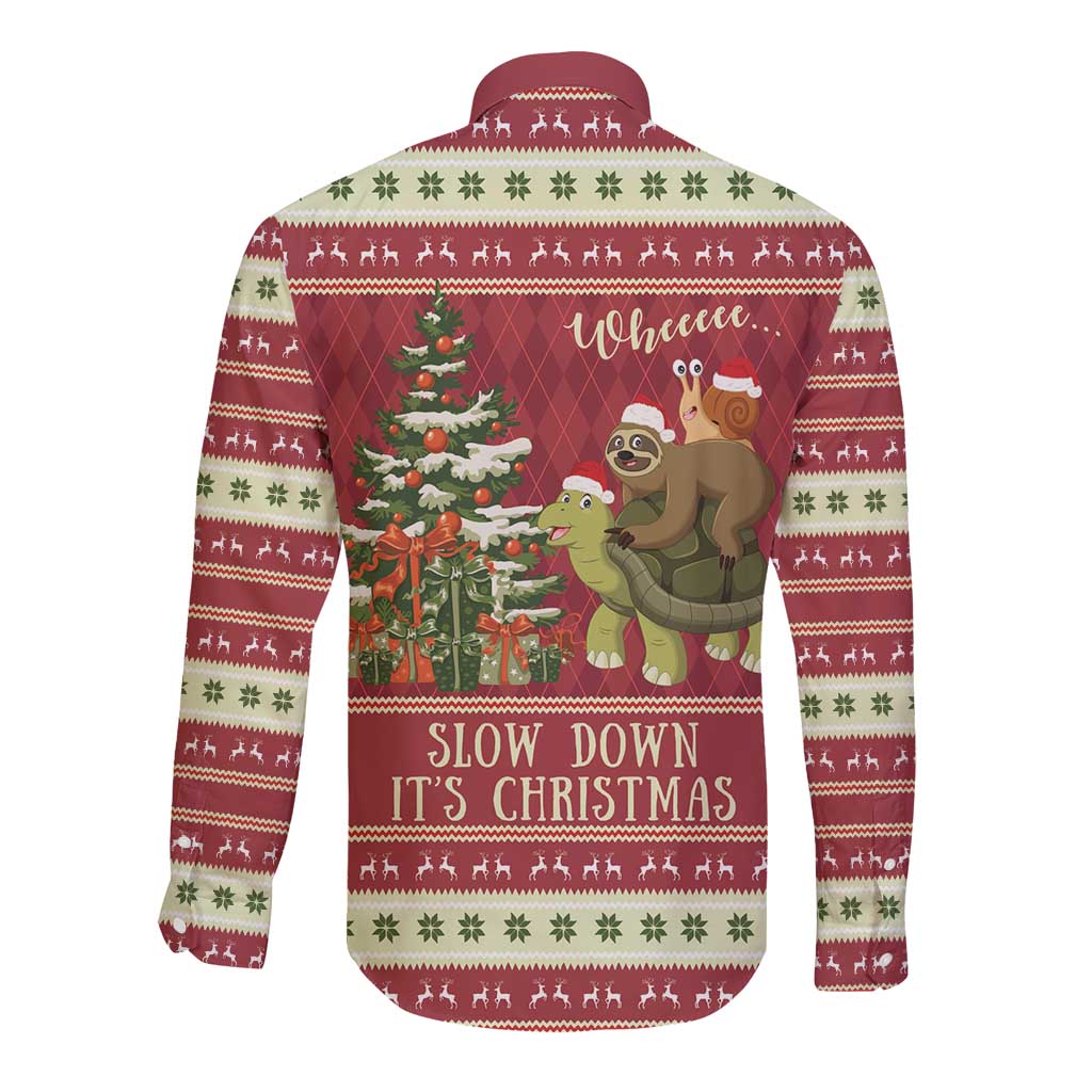 Sloth And Snail Riding A Turtle Wheeee Long Sleeve Button Shirt Slow Down It's Christmas - Wonder Print Shop