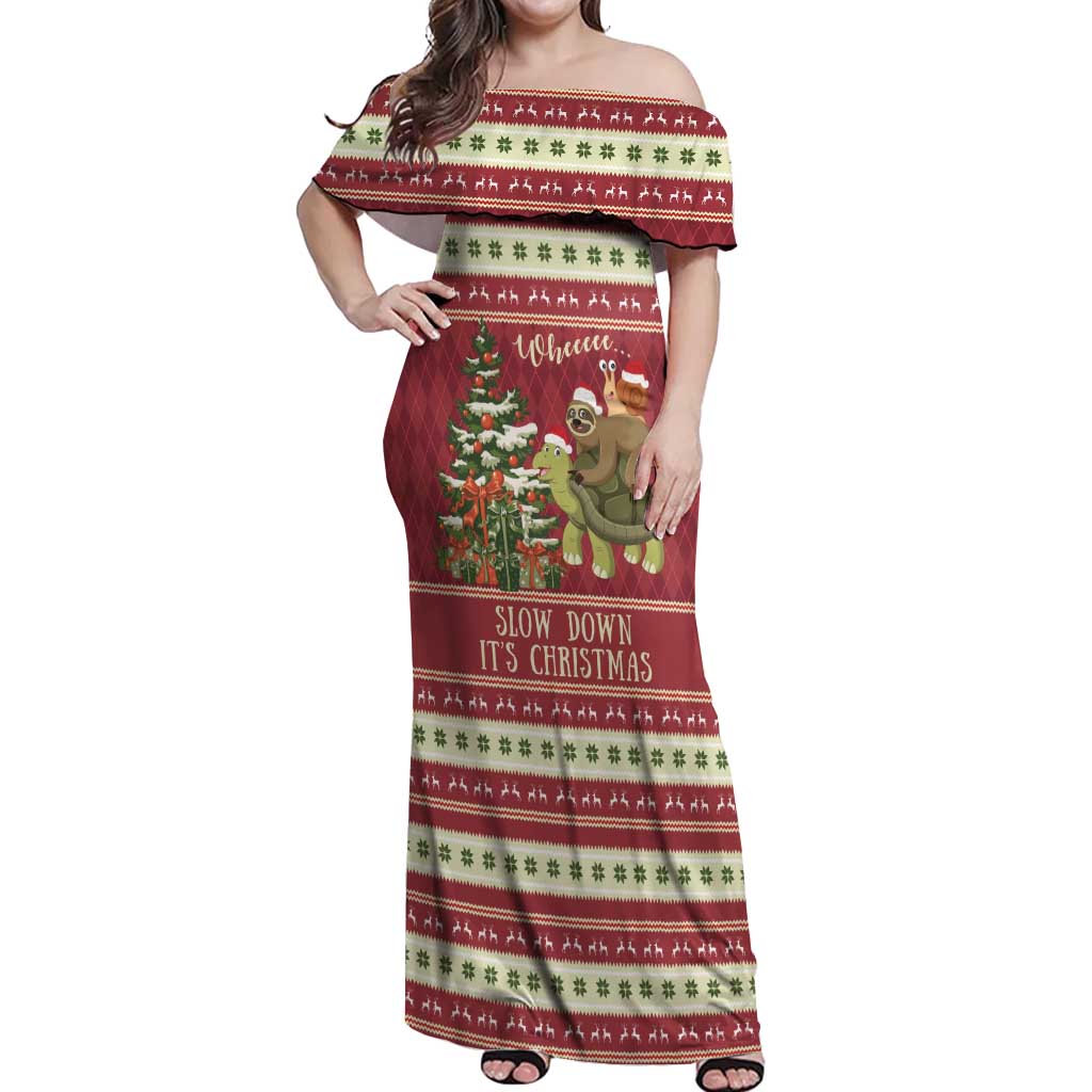 Sloth And Snail Riding A Turtle Wheeee Off Shoulder Maxi Dress Slow Down It's Christmas - Wonder Print Shop