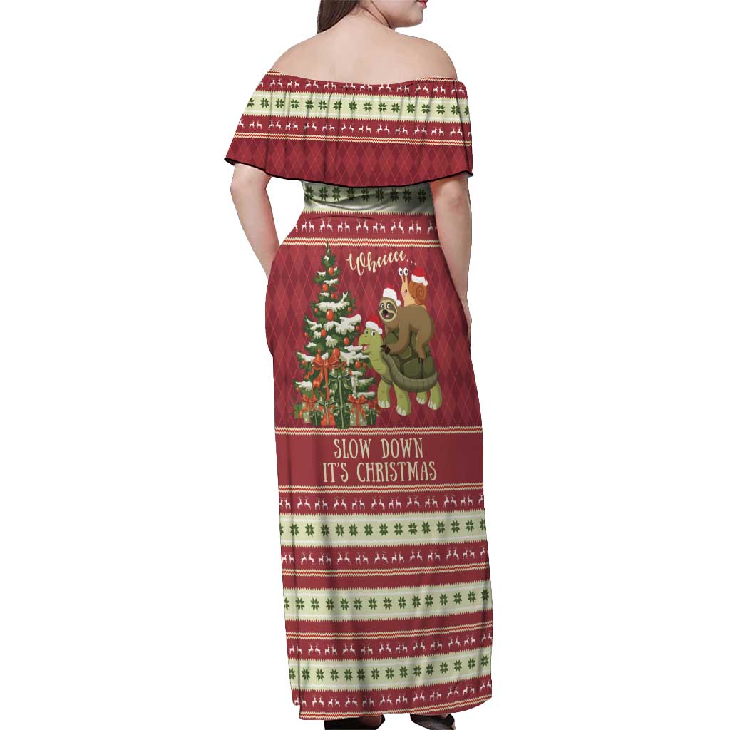 Sloth And Snail Riding A Turtle Wheeee Off Shoulder Maxi Dress Slow Down It's Christmas - Wonder Print Shop