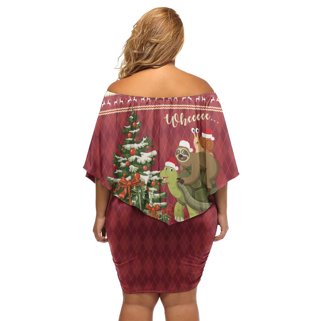 Sloth And Snail Riding A Turtle Wheeee Off Shoulder Short Dress Slow Down It's Christmas - Wonder Print Shop