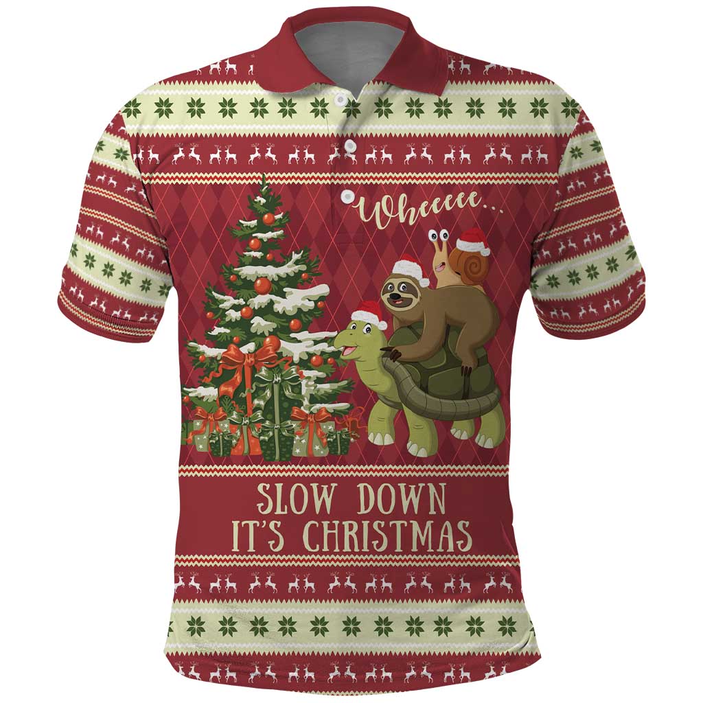 Sloth And Snail Riding A Turtle Wheeee Polo Shirt Slow Down It's Christmas - Wonder Print Shop