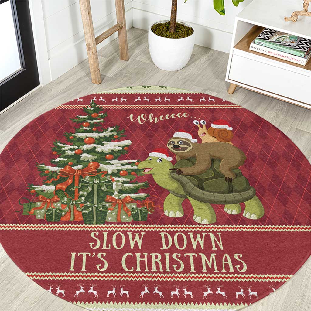 Sloth And Snail Riding A Turtle Wheeee Round Carpet Slow Down It's Christmas