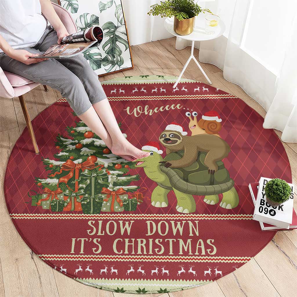 Sloth And Snail Riding A Turtle Wheeee Round Carpet Slow Down It's Christmas