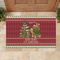Sloth And Snail Riding A Turtle Wheeee Rubber Doormat Slow Down It's Christmas - Wonder Print Shop