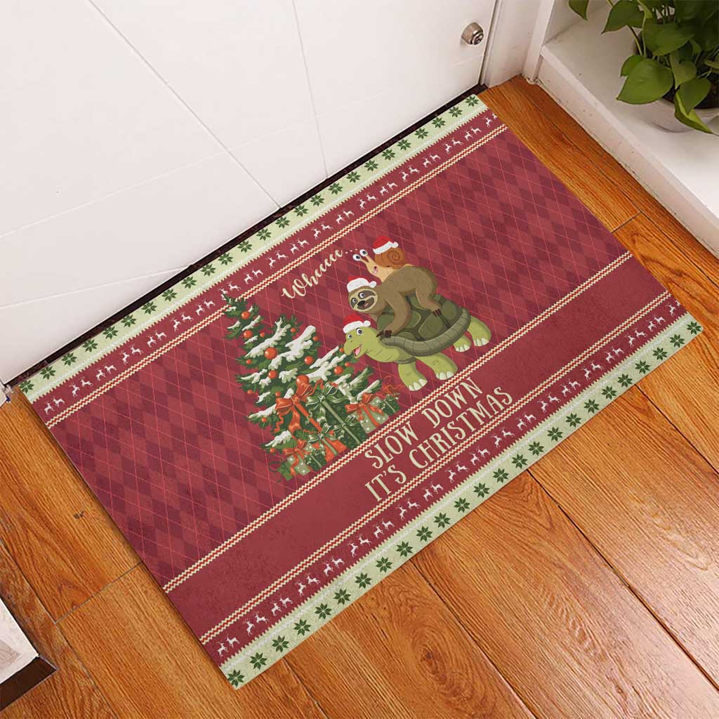 Sloth And Snail Riding A Turtle Wheeee Rubber Doormat Slow Down It's Christmas - Wonder Print Shop
