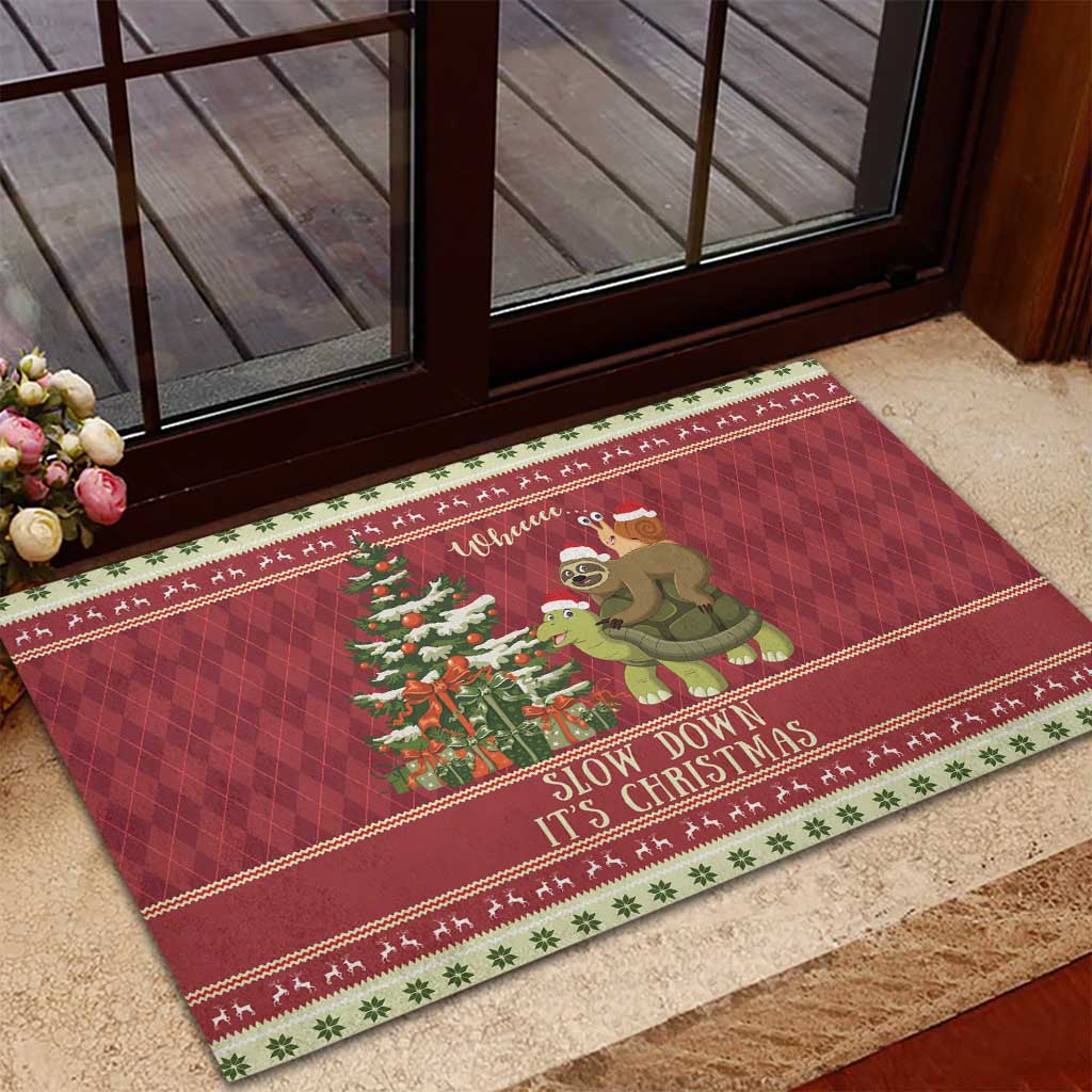 Sloth And Snail Riding A Turtle Wheeee Rubber Doormat Slow Down It's Christmas - Wonder Print Shop