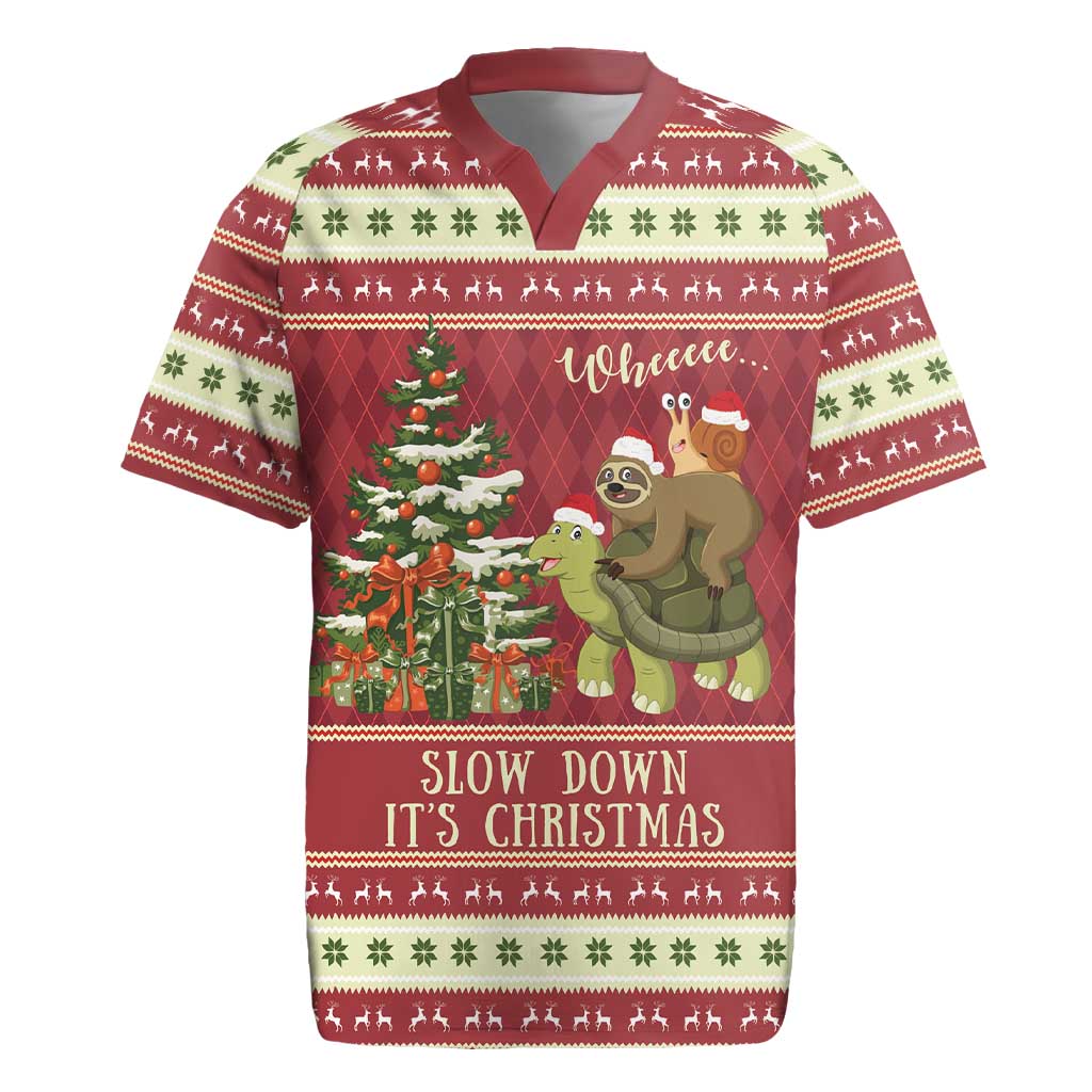 Sloth And Snail Riding A Turtle Wheeee Rugby Jersey Slow Down It's Christmas - Wonder Print Shop
