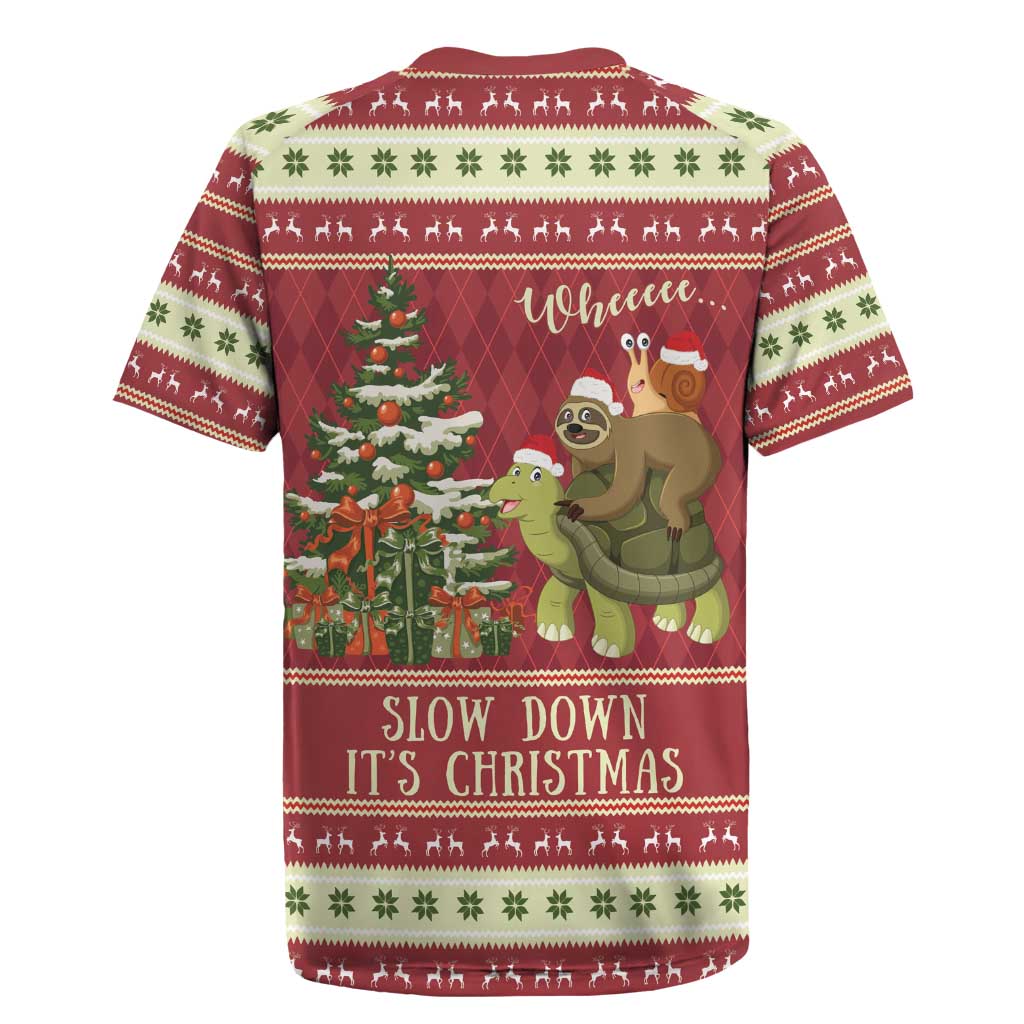 Sloth And Snail Riding A Turtle Wheeee Rugby Jersey Slow Down It's Christmas - Wonder Print Shop