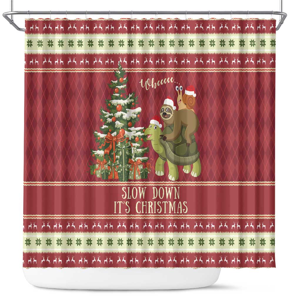Sloth And Snail Riding A Turtle Wheeee Shower Curtain Slow Down It's Christmas