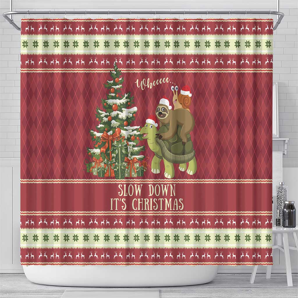 Sloth And Snail Riding A Turtle Wheeee Shower Curtain Slow Down It's Christmas