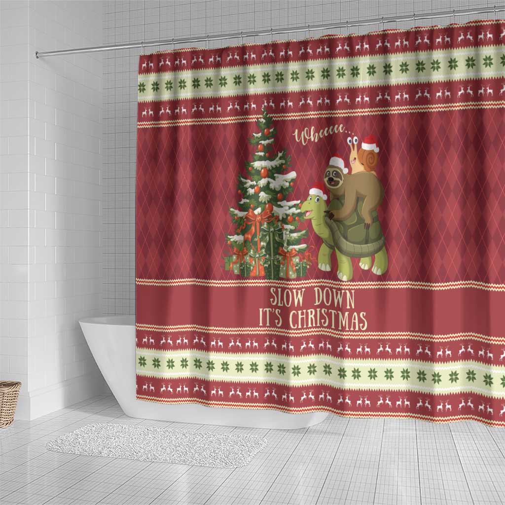 Sloth And Snail Riding A Turtle Wheeee Shower Curtain Slow Down It's Christmas