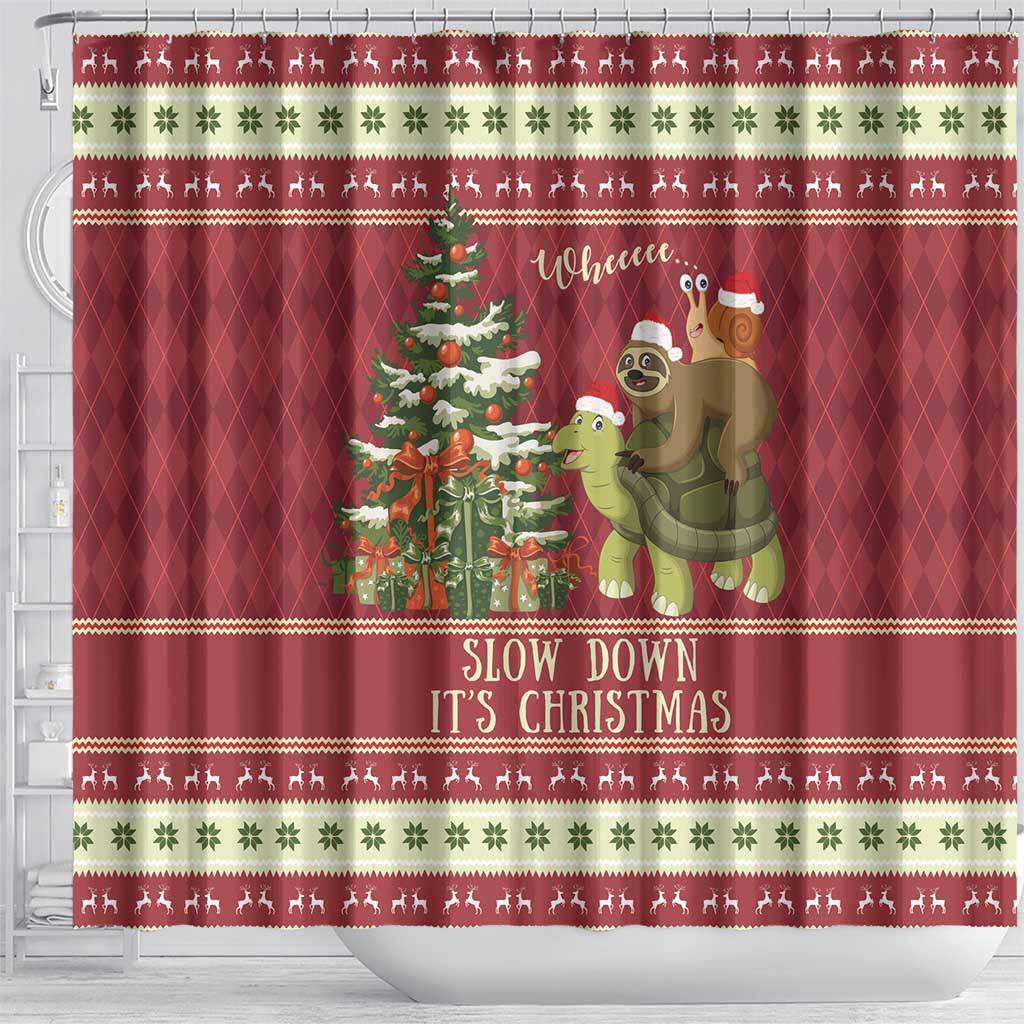 Sloth And Snail Riding A Turtle Wheeee Shower Curtain Slow Down It's Christmas