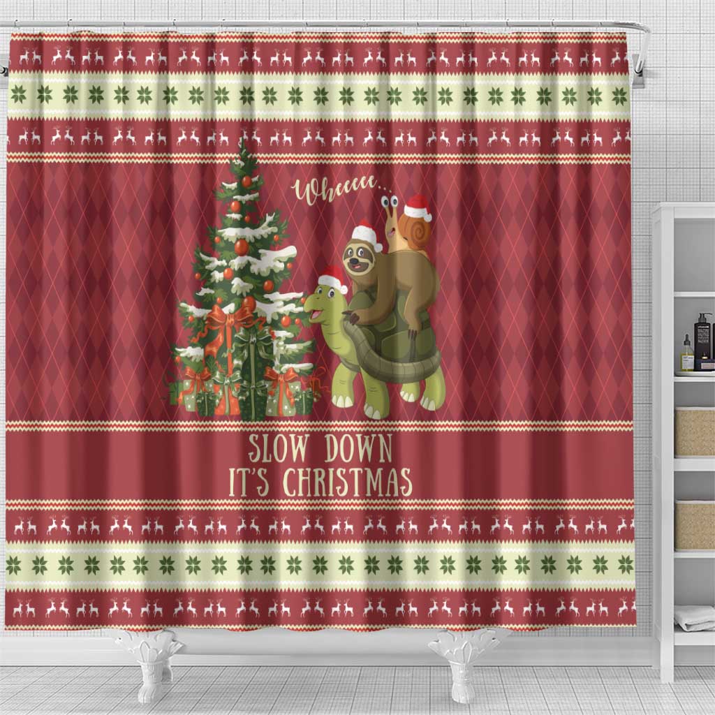 Sloth And Snail Riding A Turtle Wheeee Shower Curtain Slow Down It's Christmas