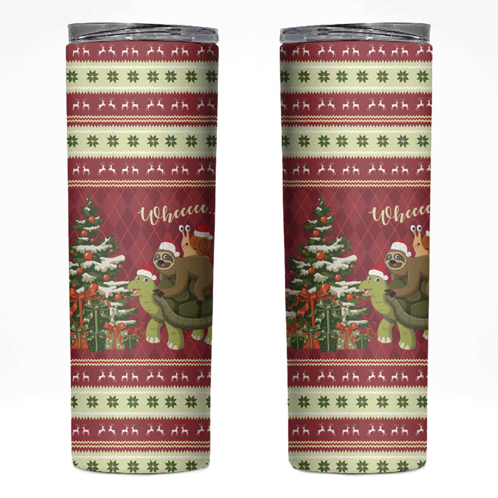 Sloth And Snail Riding A Turtle Wheeee Skinny Tumbler Slow Down It's Christmas - Wonder Print Shop